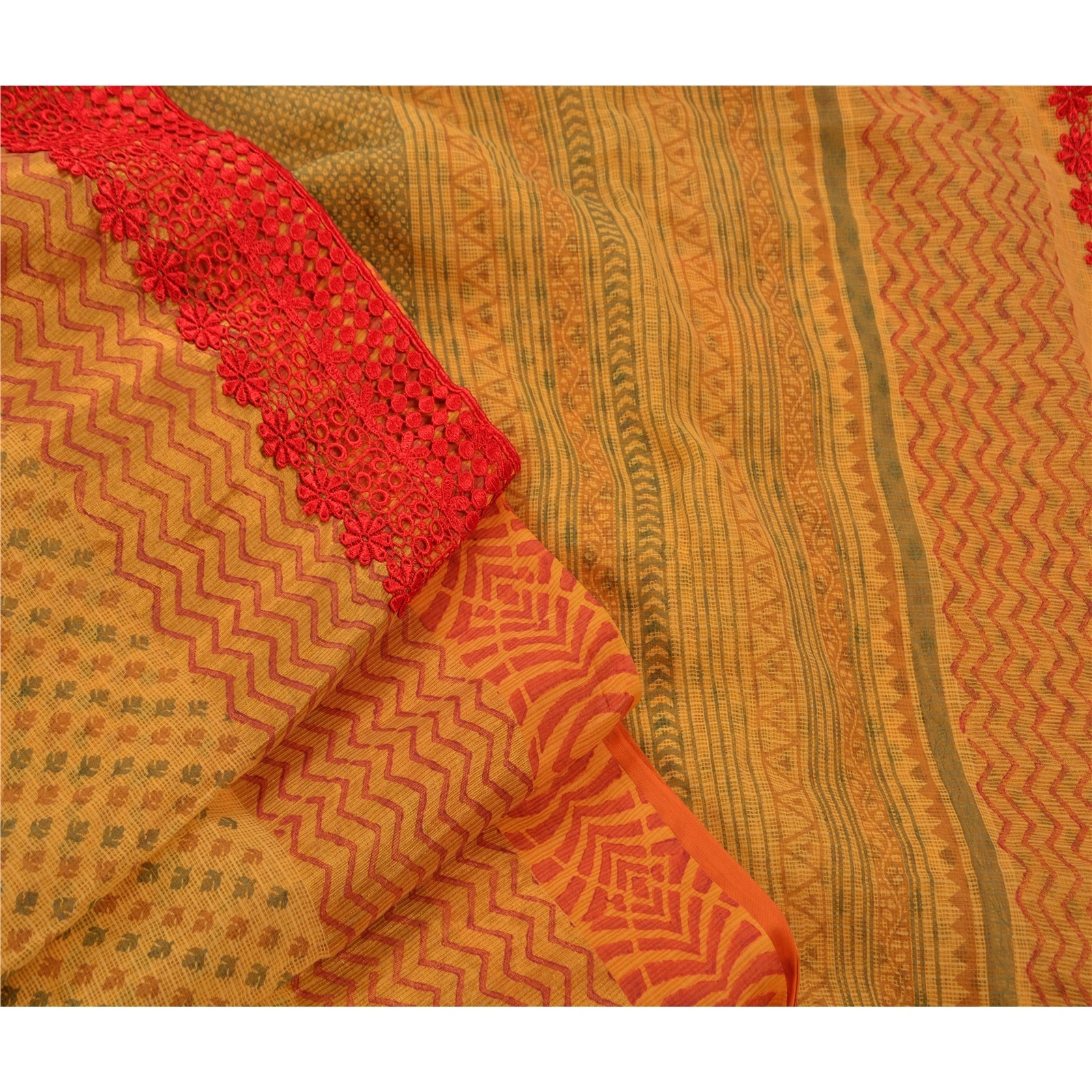 Sanskriti Vintage Sarees Cotton Embroidered Fabric Block Printed Kota 5 Yd Sari, PS-45588-Yellow-Embroidered With Lace Work-Cotton-7