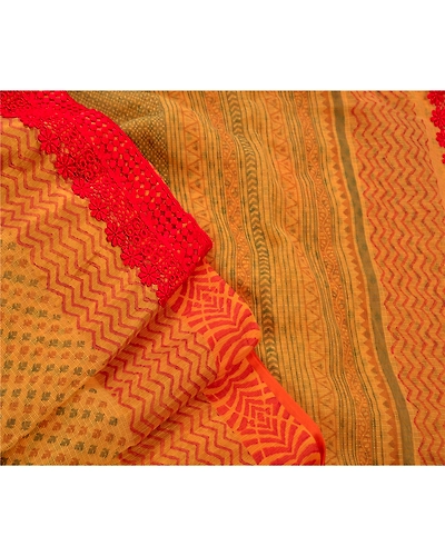 Sanskriti Vintage Sarees Cotton Embroidered Fabric Block Printed Kota 5 Yd Sari, PS-45588-Yellow-Embroidered With Lace Work-Cotton-7
