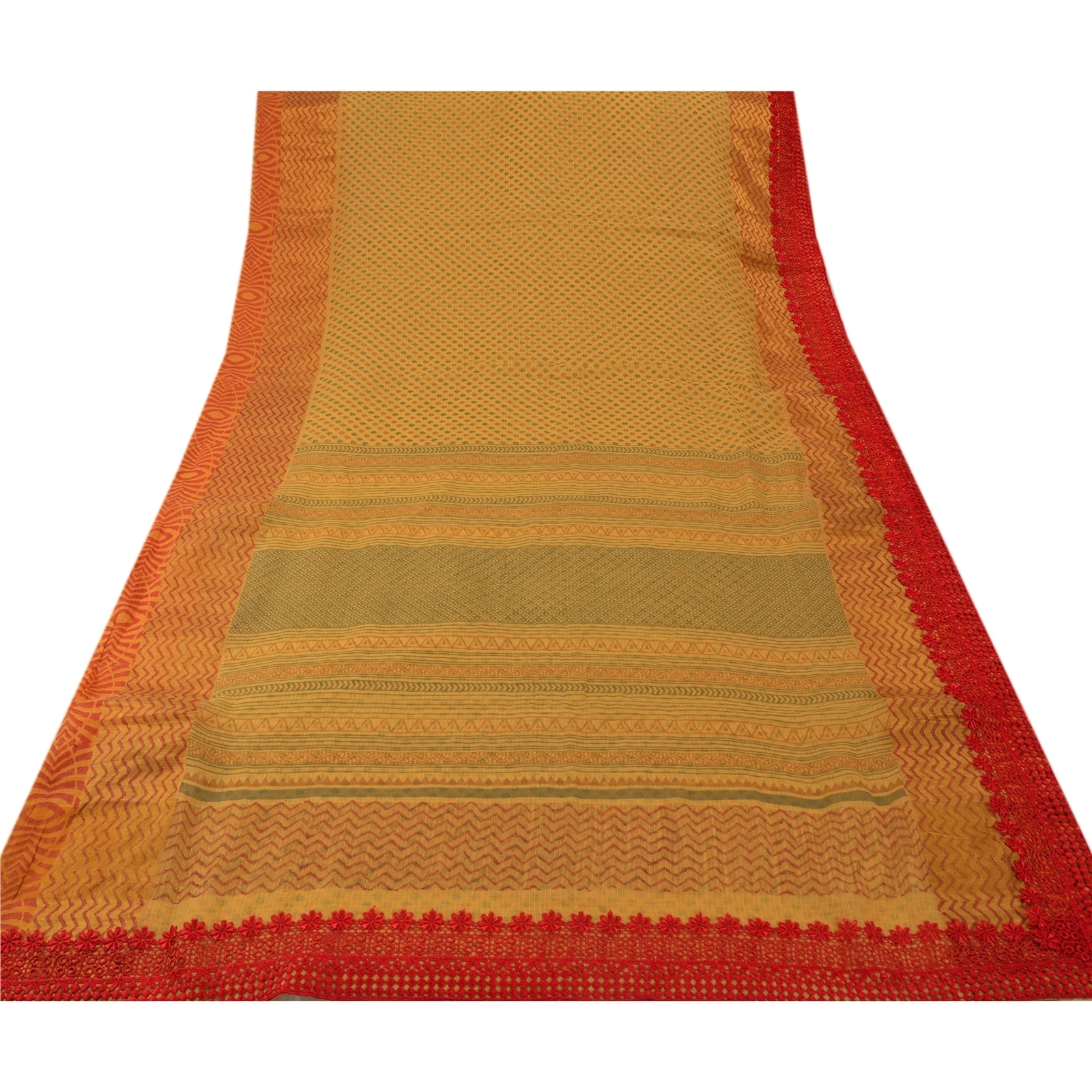 Sanskriti Vintage Sarees Cotton Embroidered Fabric Block Printed Kota 5 Yd Sari, PS-45588-Yellow-Embroidered With Lace Work-Cotton-8