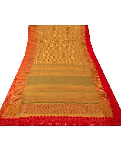 Sanskriti Vintage Sarees Cotton Embroidered Fabric Block Printed Kota 5 Yd Sari, PS-45588-Yellow-Embroidered With Lace Work-Cotton-8