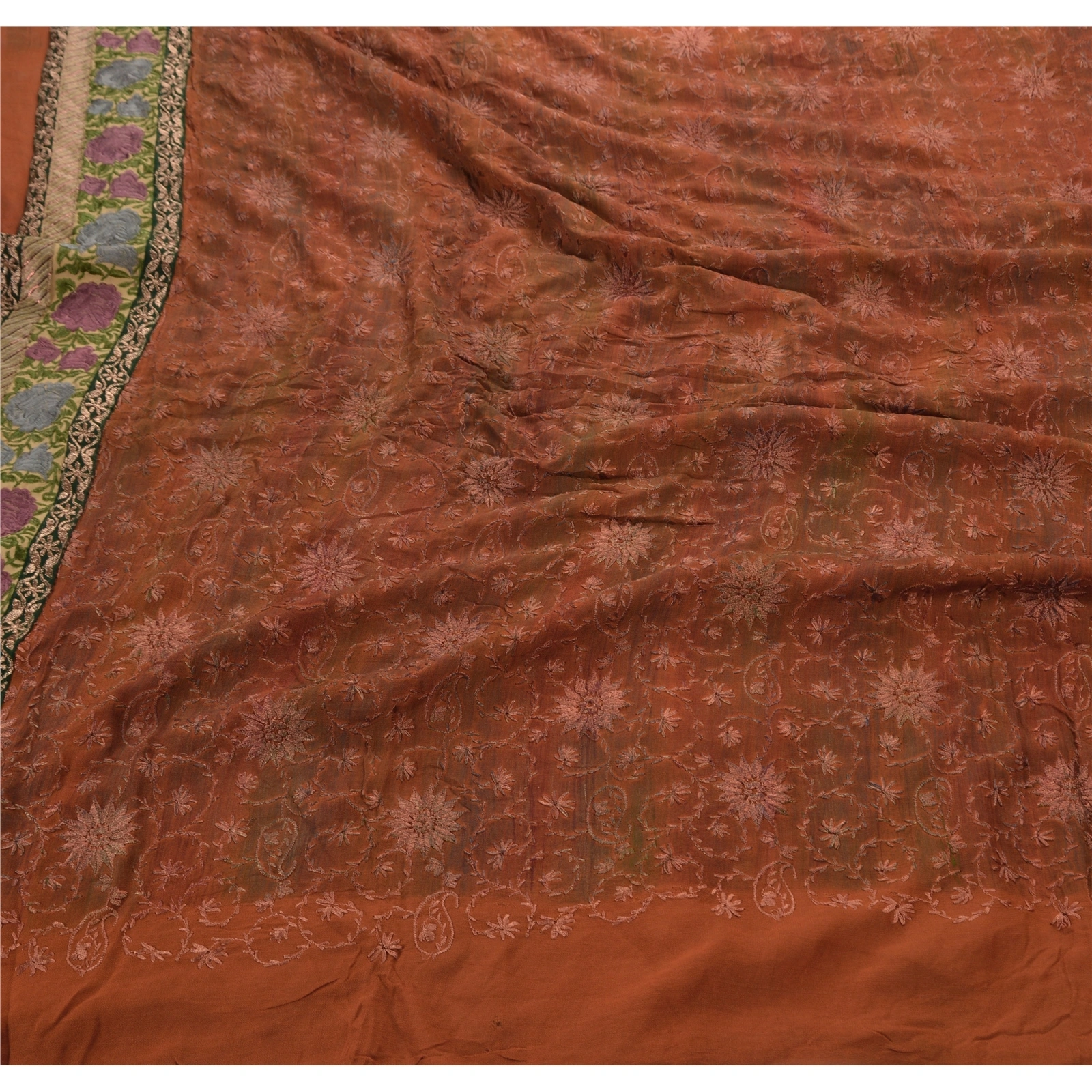 Sanskriti Vintage Brown Indian Sari Blend Georgette Embroidered Sarees Fabric, PS-45608-Brown-Embroidered With Thread Work-Blend Georgette-1