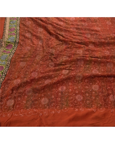 Sanskriti Vintage Brown Indian Sari Blend Georgette Embroidered Sarees Fabric, PS-45608-Brown-Embroidered With Thread Work-Blend Georgette-1