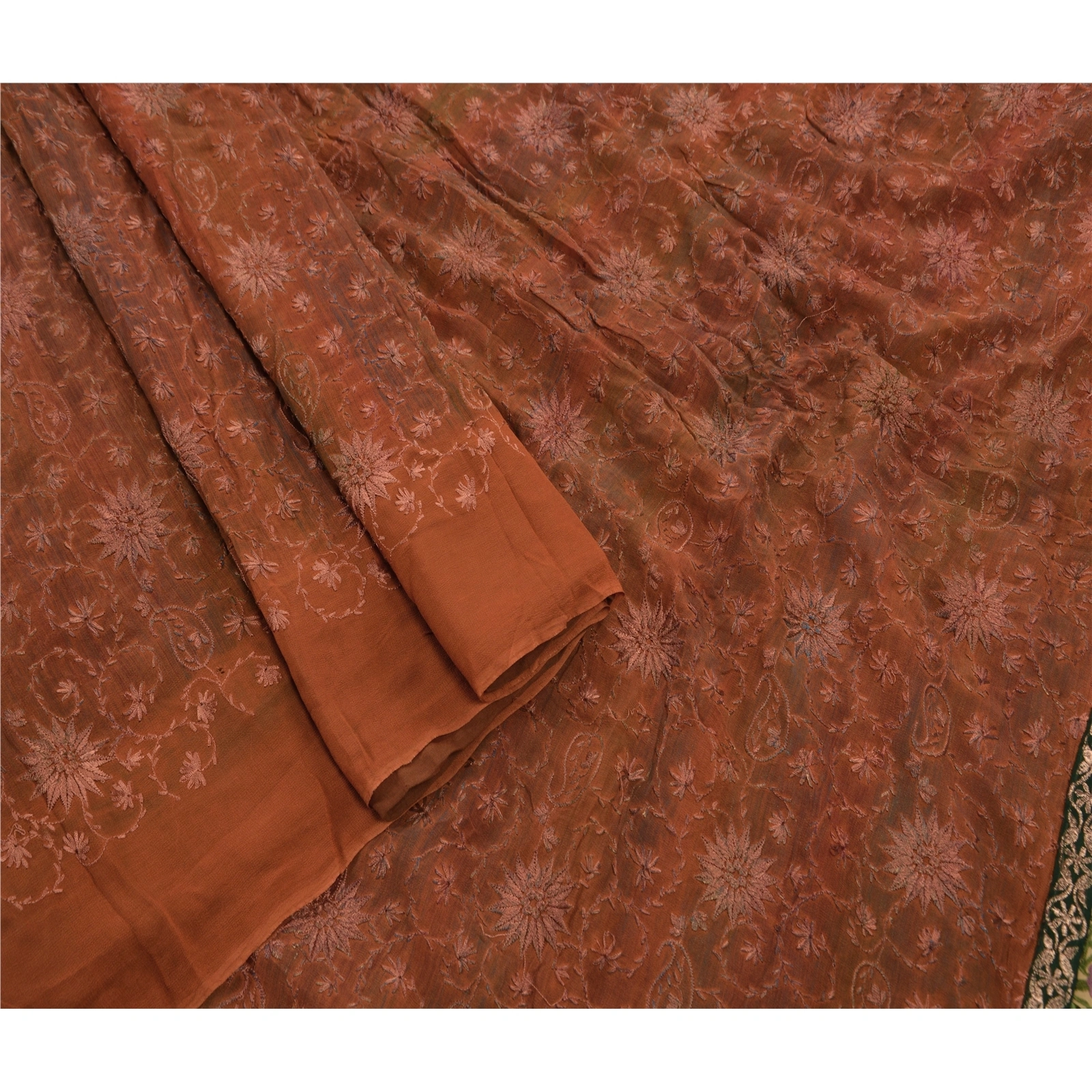 Sanskriti Vintage Brown Indian Sari Blend Georgette Embroidered Sarees Fabric, PS-45608-Brown-Embroidered With Thread Work-Blend Georgette-2