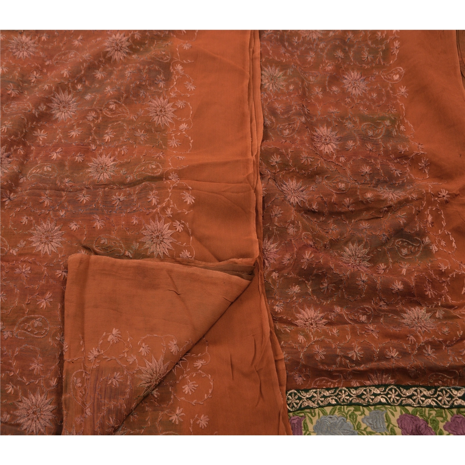 Sanskriti Vintage Brown Indian Sari Blend Georgette Embroidered Sarees Fabric, PS-45608-Brown-Embroidered With Thread Work-Blend Georgette-3