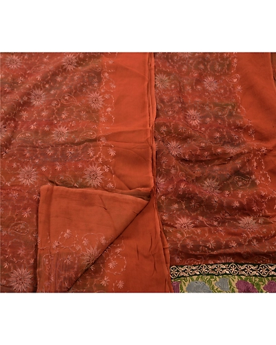 Sanskriti Vintage Brown Indian Sari Blend Georgette Embroidered Sarees Fabric, PS-45608-Brown-Embroidered With Thread Work-Blend Georgette-3