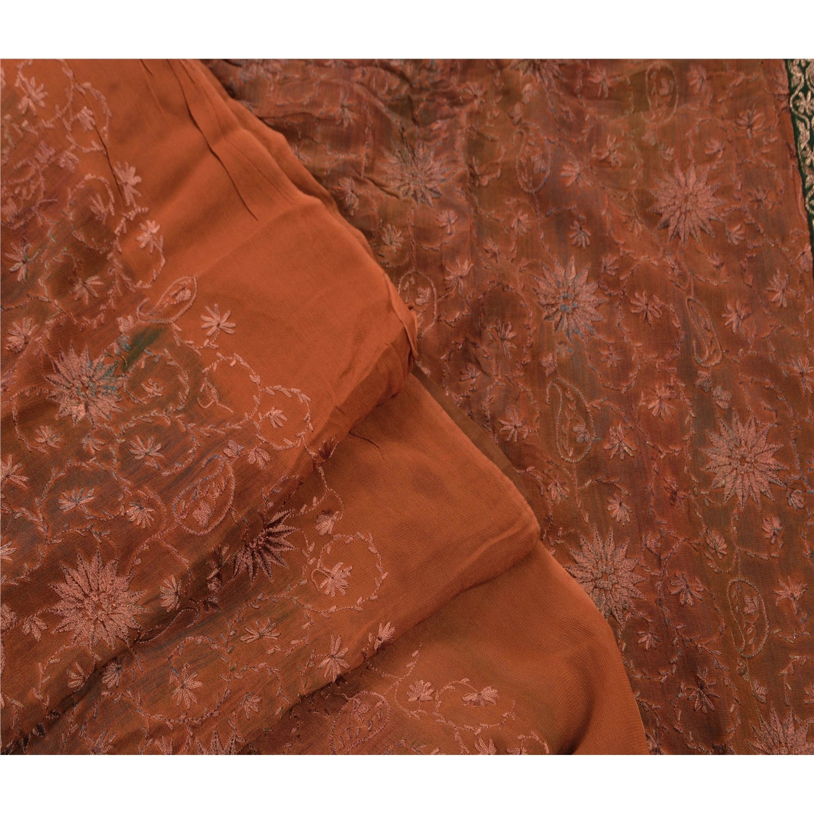 Sanskriti Vintage Brown Indian Sari Blend Georgette Embroidered Sarees Fabric, PS-45608-Brown-Embroidered With Thread Work-Blend Georgette-6