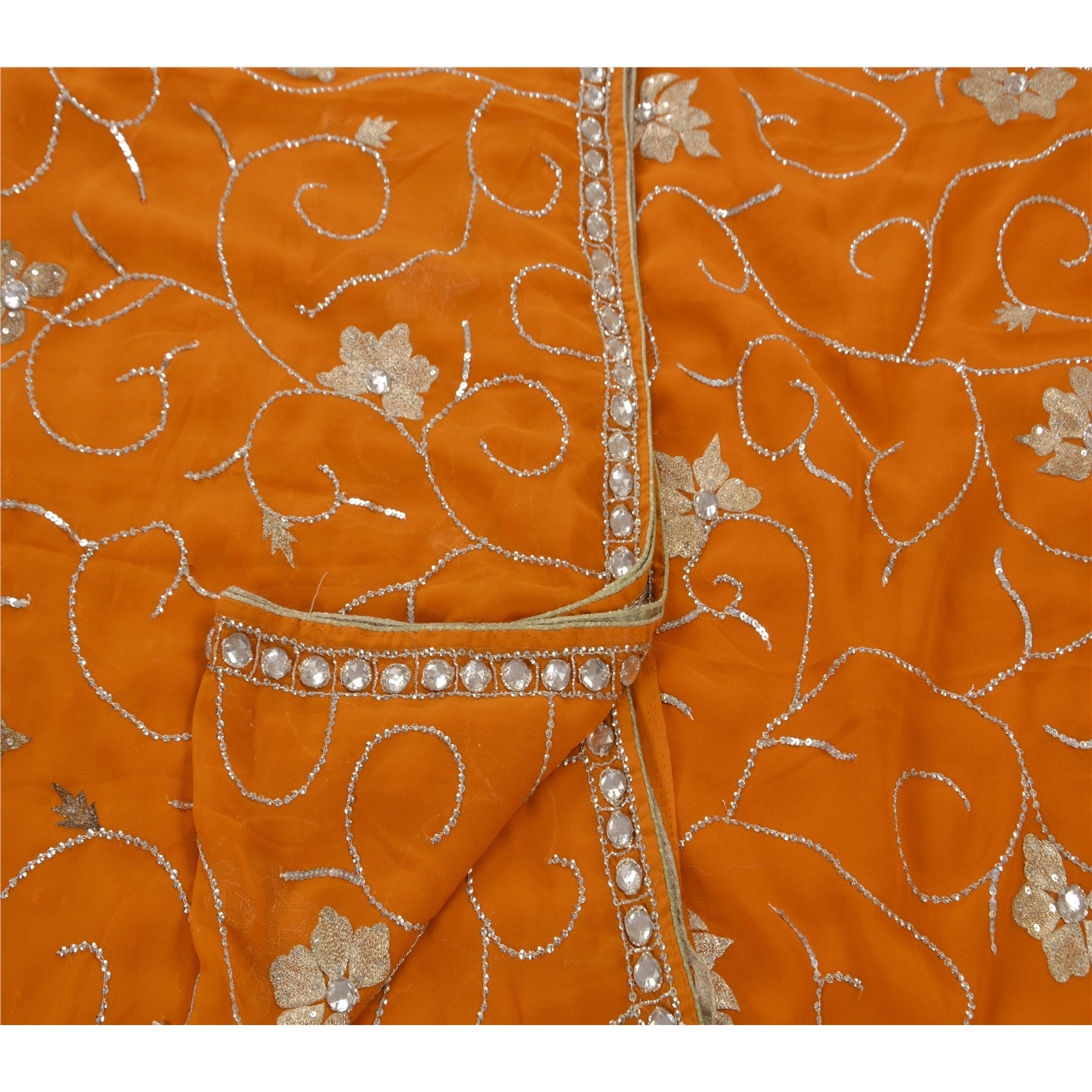 Sanskriti Vintage Sarees Georgette Hand Beaded Fabric Sari With Blouse Piece, PS-45956-Orange-Hand Beaded With Zari Work &amp; Sequins-Georgette-1