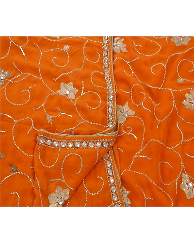 Sanskriti Vintage Sarees Georgette Hand Beaded Fabric Sari With Blouse Piece, PS-45956-Orange-Hand Beaded With Zari Work &amp; Sequins-Georgette-1
