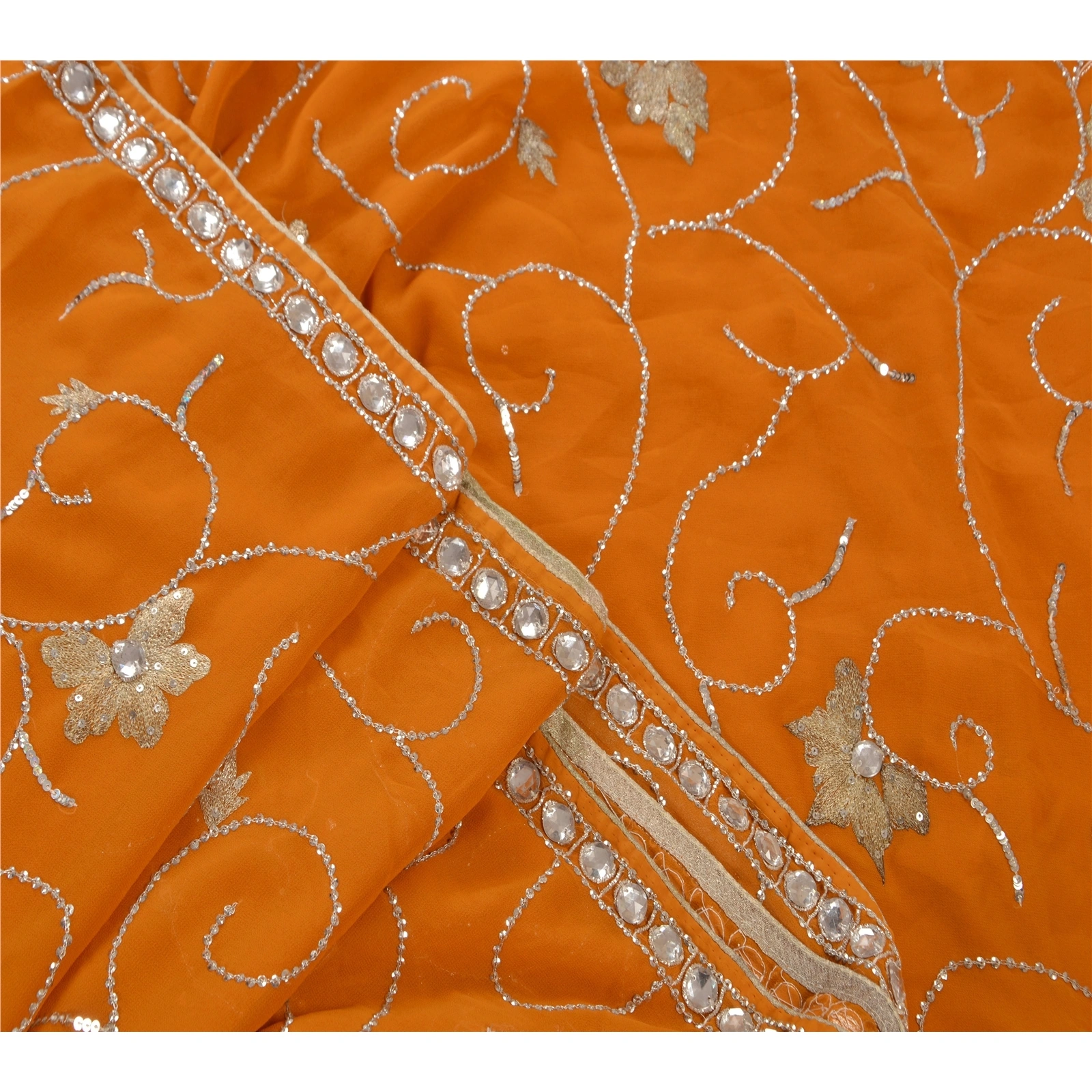 Sanskriti Vintage Sarees Georgette Hand Beaded Fabric Sari With Blouse Piece, PS-45956-Orange-Hand Beaded With Zari Work &amp; Sequins-Georgette-4