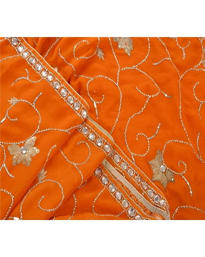 Sanskriti Vintage Sarees Georgette Hand Beaded Fabric Sari With Blouse Piece, PS-45956-Orange-Hand Beaded With Zari Work &amp; Sequins-Georgette-4