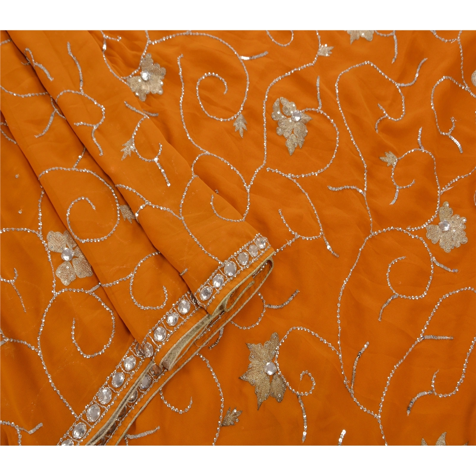 Sanskriti Vintage Sarees Georgette Hand Beaded Fabric Sari With Blouse Piece, PS-45956-Orange-Hand Beaded With Zari Work &amp; Sequins-Georgette-5