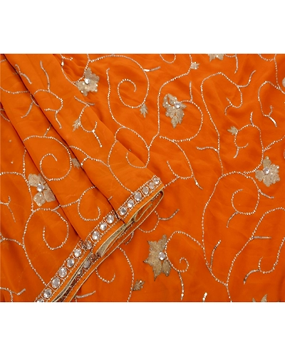 Sanskriti Vintage Sarees Georgette Hand Beaded Fabric Sari With Blouse Piece, PS-45956-Orange-Hand Beaded With Zari Work &amp; Sequins-Georgette-5