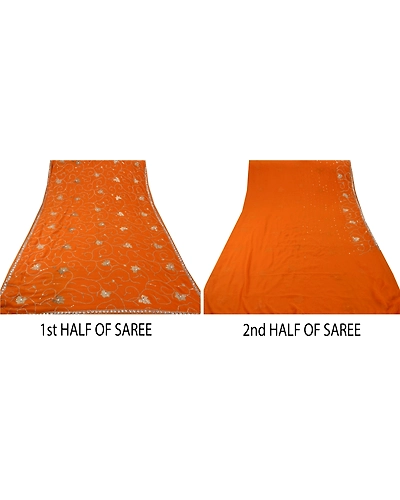 Sanskriti Vintage Sarees Georgette Hand Beaded Fabric Sari With Blouse Piece, PS-45956-Orange-Hand Beaded With Zari Work &amp; Sequins-Georgette-6