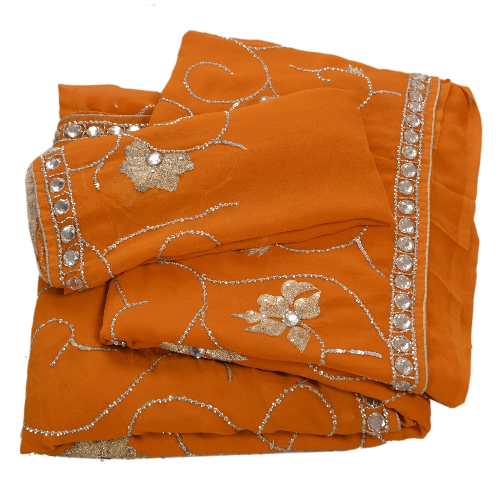 Sanskriti Vintage Sarees Georgette Hand Beaded Fabric Sari With Blouse Piece, PS-45956-Orange-Hand Beaded With Zari Work &amp; Sequins-Georgette-7