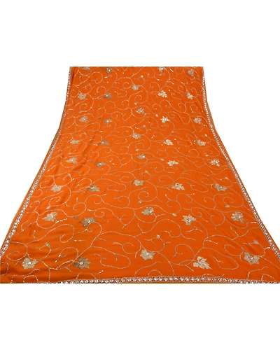 Sanskriti Vintage Sarees Georgette Hand Beaded Fabric Sari With Blouse Piece, PS-45956-Orange-Hand Beaded With Zari Work &amp; Sequins-Georgette-8