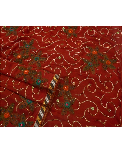 Sanskriti Vintage Bollywood Sarees Pure Georgette Silk Hand Beaded Fabric Sari, PS-45969-Dark Red-Hand Beaded With Sequins &amp; Patch Work-100% Pure Georgette Silk-2