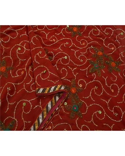 Sanskriti Vintage Bollywood Sarees Pure Georgette Silk Hand Beaded Fabric Sari, PS-45969-Dark Red-Hand Beaded With Sequins &amp; Patch Work-100% Pure Georgette Silk-3