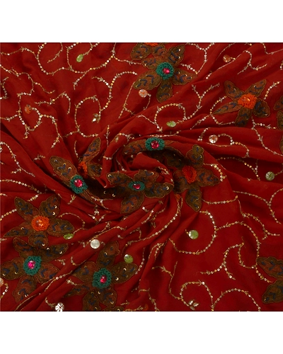 Sanskriti Vintage Bollywood Sarees Pure Georgette Silk Hand Beaded Fabric Sari, PS-45969-Dark Red-Hand Beaded With Sequins &amp; Patch Work-100% Pure Georgette Silk-5