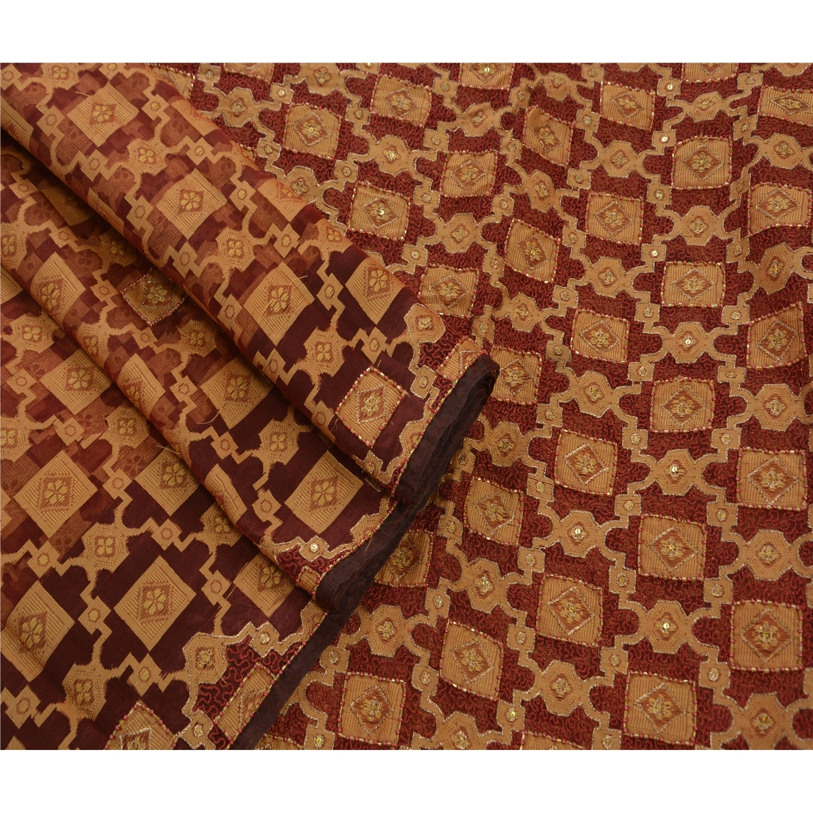 Sanskriti Vintage Sarees Pure Organza Silk Hand Beaded Woven Fabric Premium Sari, PS-46241-Dark Red-100% Pure Organza Silk-3