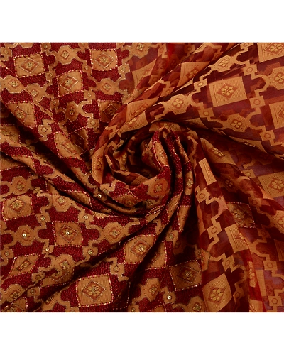 Sanskriti Vintage Sarees Pure Organza Silk Hand Beaded Woven Fabric Premium Sari, PS-46241-Dark Red-100% Pure Organza Silk-6