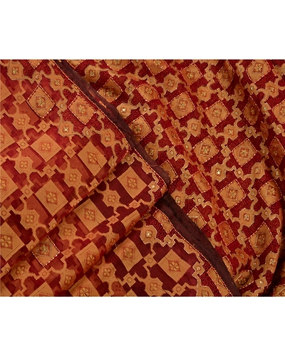 Sanskriti Vintage Sarees Pure Organza Silk Hand Beaded Woven Fabric Premium Sari, PS-46241-Dark Red-100% Pure Organza Silk-7
