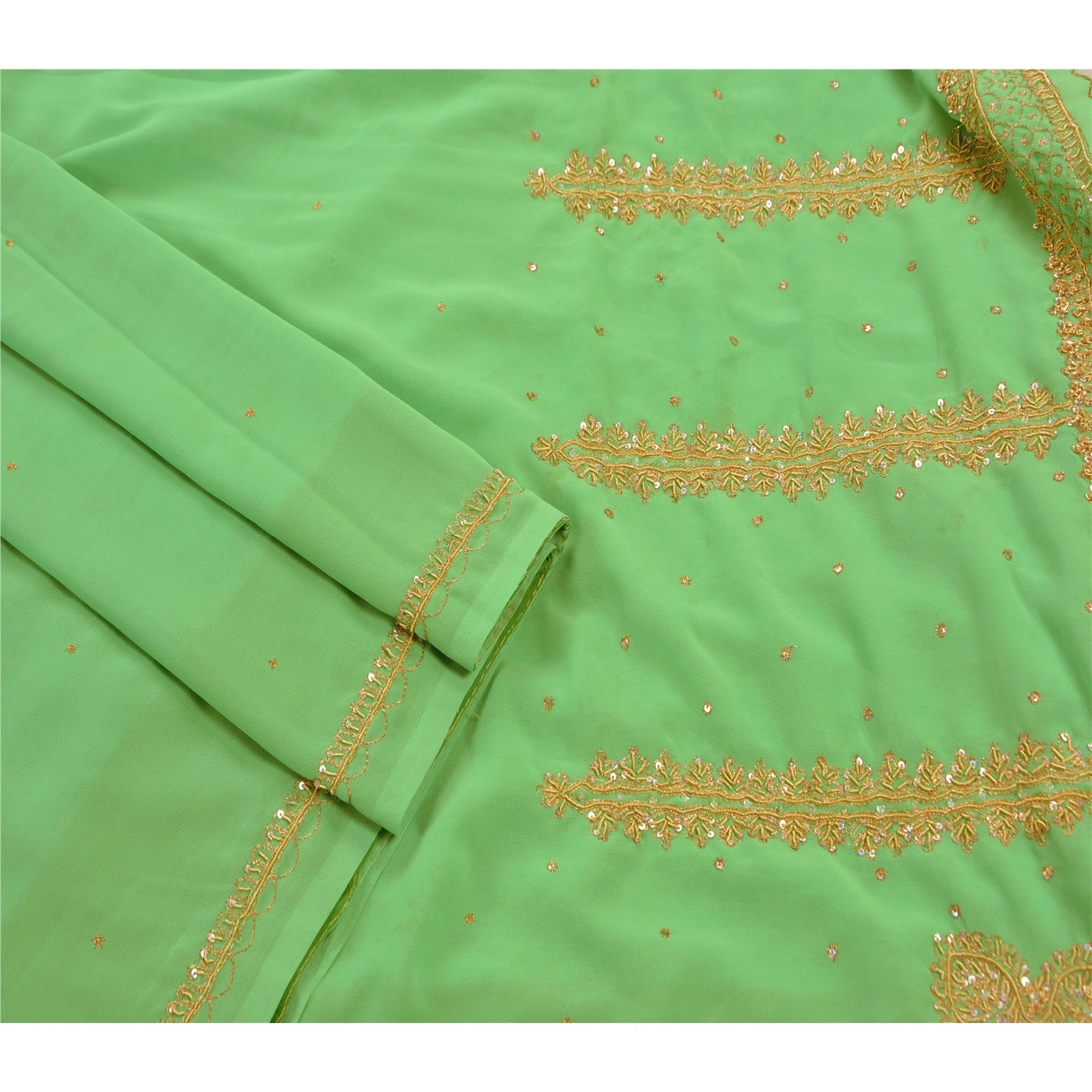 Sanskriti Vintage Indian Sarees Georgette Hand Beaded Craft Fabric Premium Sari, PS-47151-Green-Hand Beaded With Zari Work &amp; Sequins Work-Georgette-2