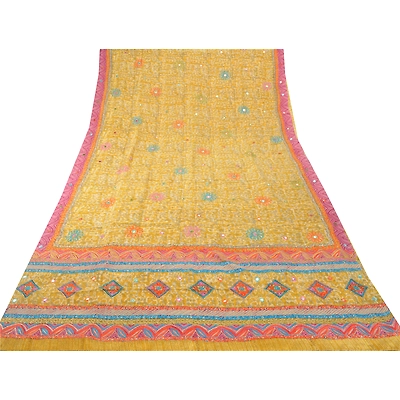 Sanskriti Vintage Lemon Sarees Pure Silk Embroidered Premium Fabric 5 Yard Sari, PS-54276