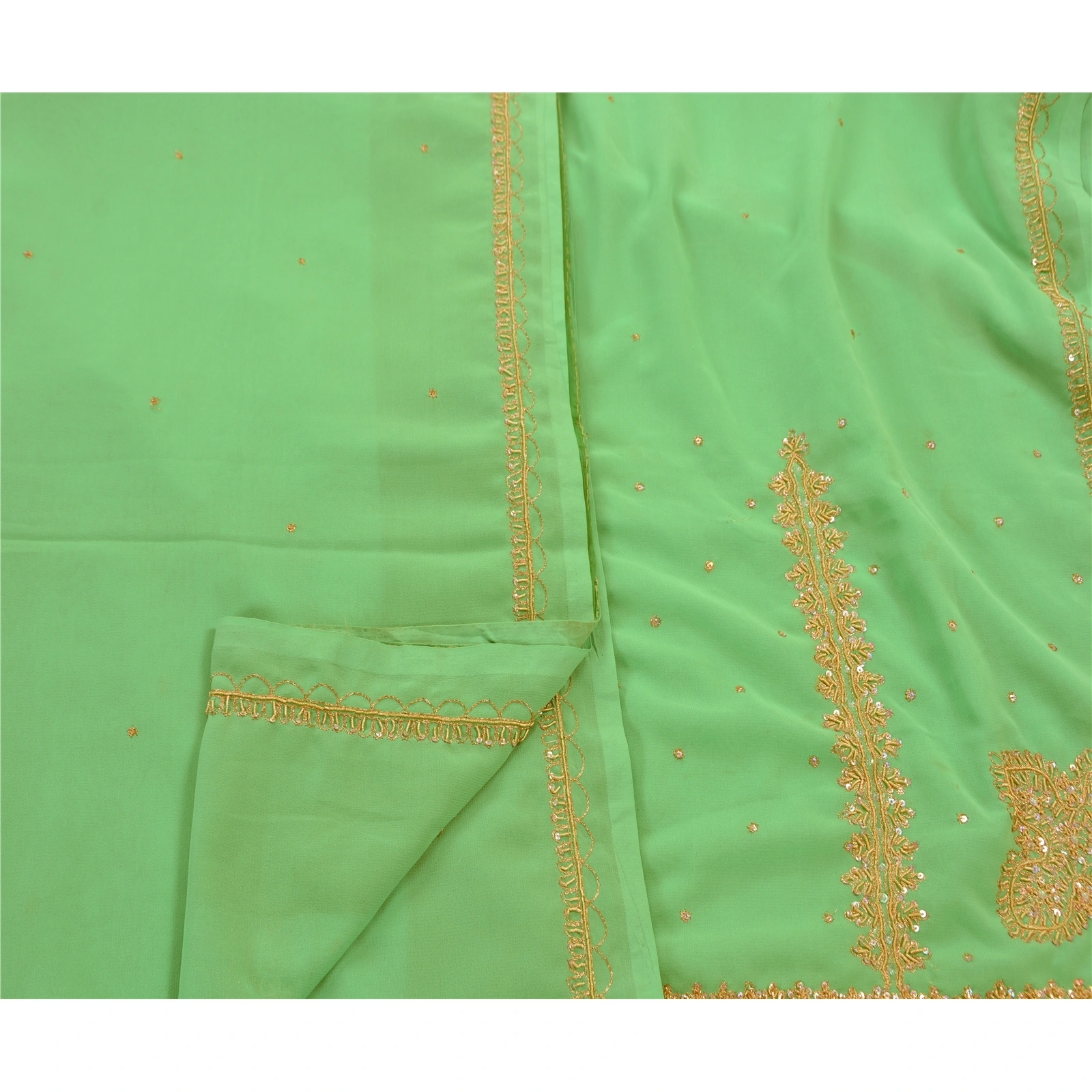 Sanskriti Vintage Indian Sarees Georgette Hand Beaded Craft Fabric Premium Sari, PS-47151-Green-Hand Beaded With Zari Work &amp; Sequins Work-Georgette-3