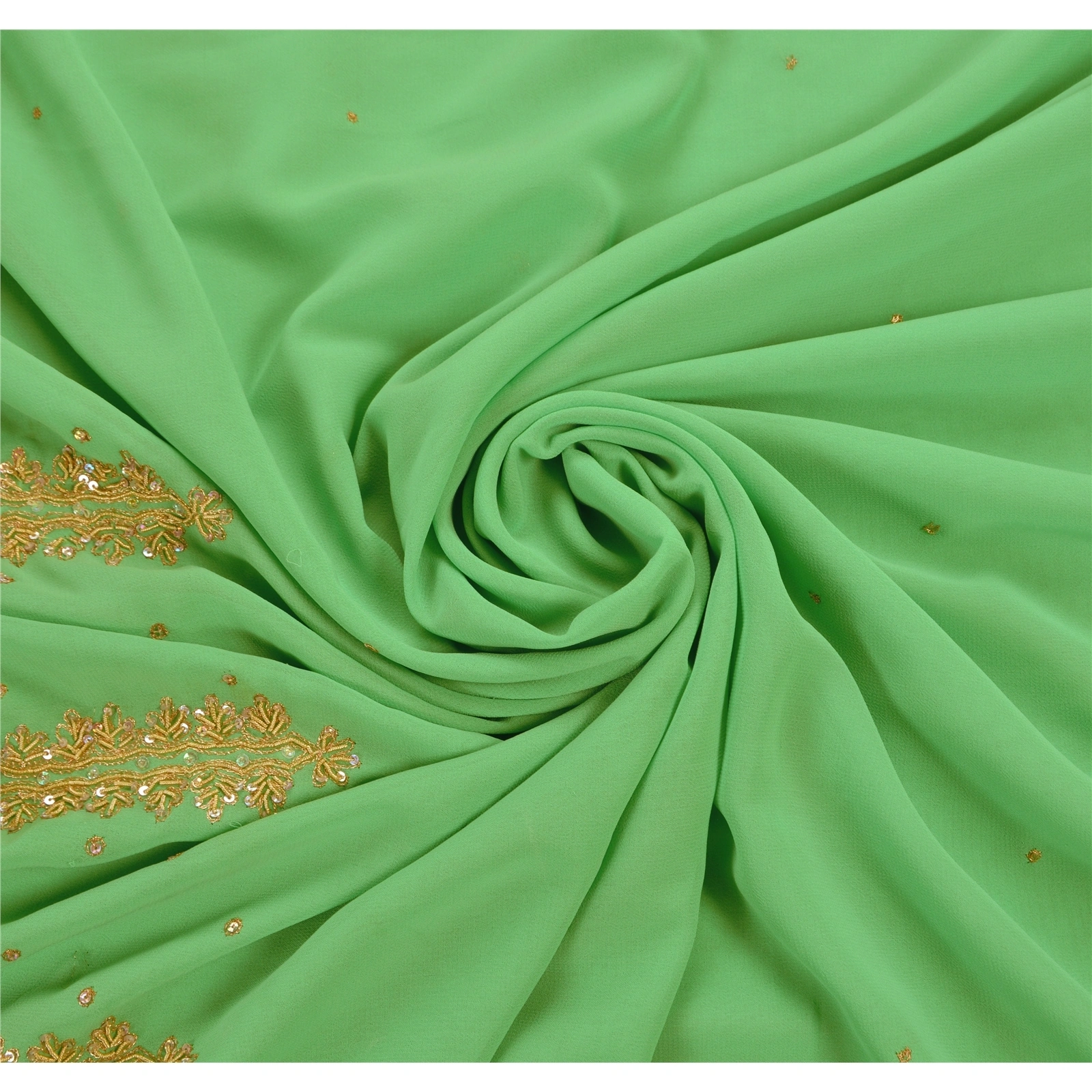 Sanskriti Vintage Indian Sarees Georgette Hand Beaded Craft Fabric Premium Sari, PS-47151-Green-Hand Beaded With Zari Work &amp; Sequins Work-Georgette-5