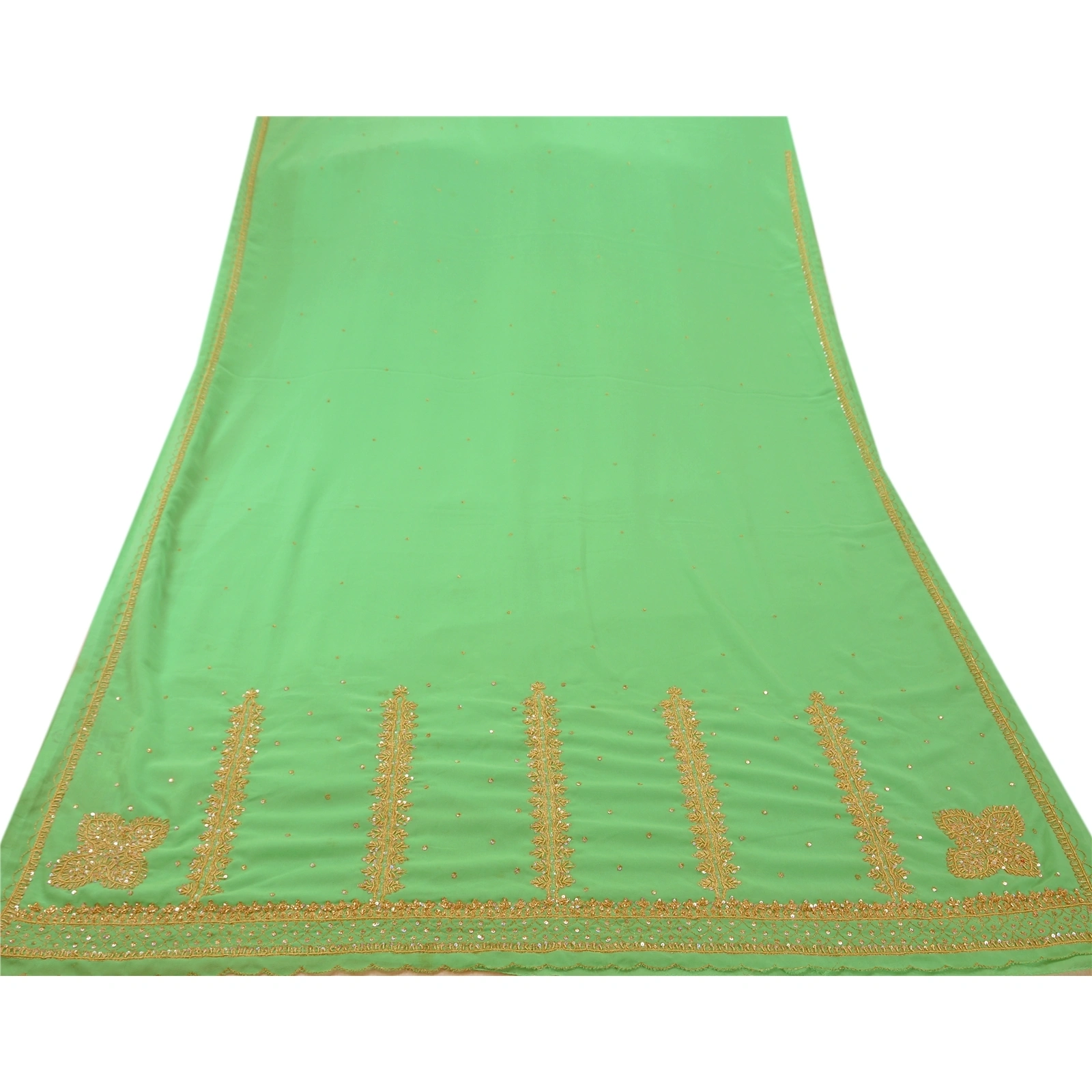 Sanskriti Vintage Indian Sarees Georgette Hand Beaded Craft Fabric Premium Sari, PS-47151-Green-Hand Beaded With Zari Work &amp; Sequins Work-Georgette-7