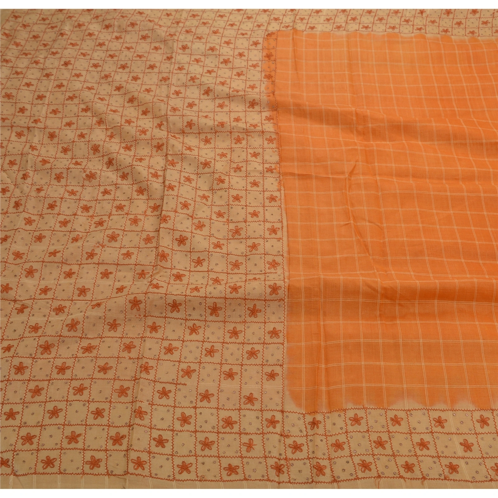 Sanskriti Vintage Indian Sarees Pure Silk Hand Embroidered 5Yd Peach Fabric Sari, PS-47183-Peach-Hand Embroidered With Thread Work-100% Pure Silk-1