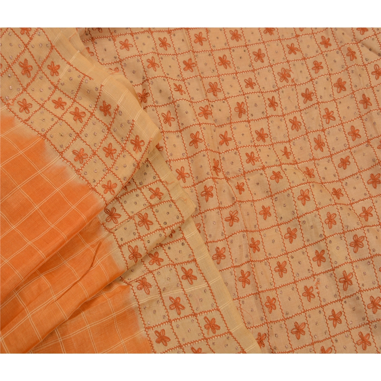 Sanskriti Vintage Indian Sarees Pure Silk Hand Embroidered 5Yd Peach Fabric Sari, PS-47183-Peach-Hand Embroidered With Thread Work-100% Pure Silk-2