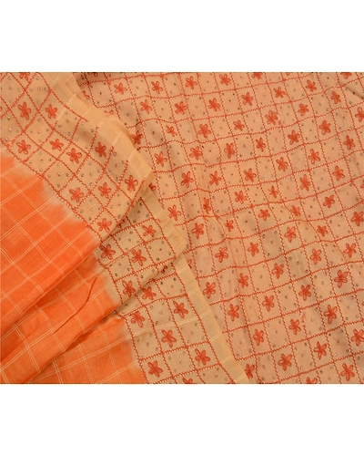 Sanskriti Vintage Indian Sarees Pure Silk Hand Embroidered 5Yd Peach Fabric Sari, PS-47183-Peach-Hand Embroidered With Thread Work-100% Pure Silk-2