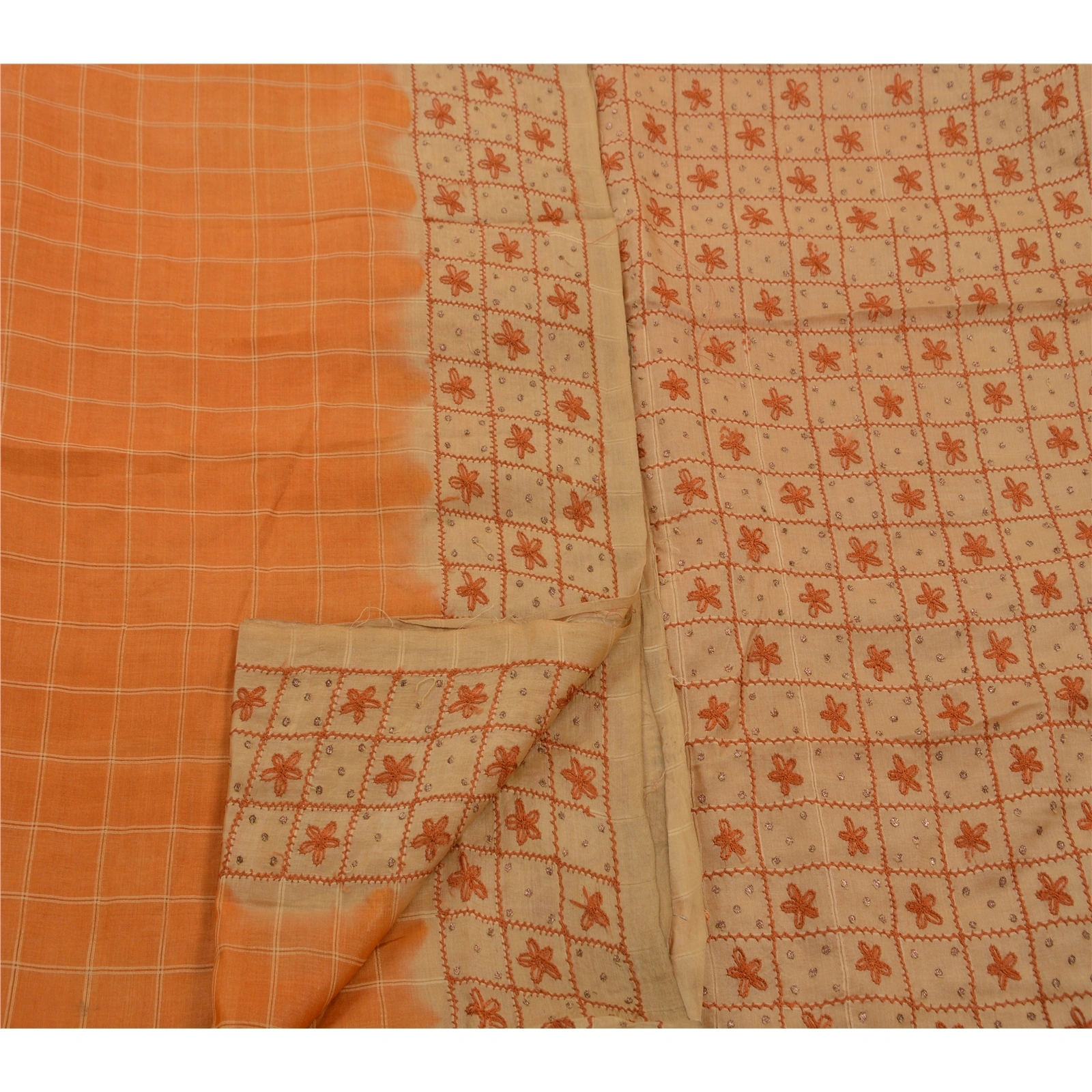 Sanskriti Vintage Indian Sarees Pure Silk Hand Embroidered 5Yd Peach Fabric Sari, PS-47183-Peach-Hand Embroidered With Thread Work-100% Pure Silk-3