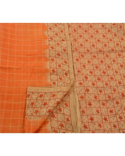 Sanskriti Vintage Indian Sarees Pure Silk Hand Embroidered 5Yd Peach Fabric Sari, PS-47183-Peach-Hand Embroidered With Thread Work-100% Pure Silk-3