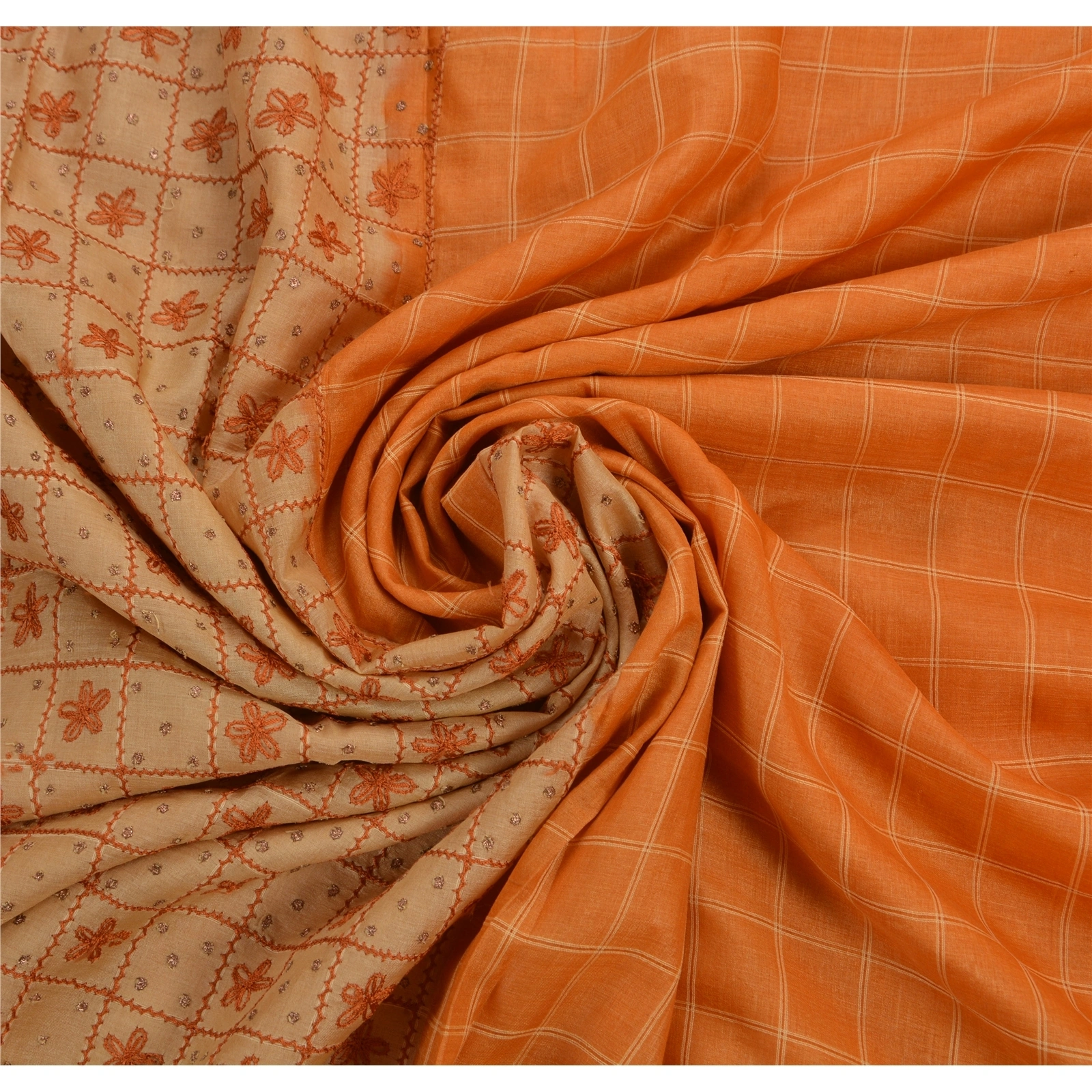 Sanskriti Vintage Indian Sarees Pure Silk Hand Embroidered 5Yd Peach Fabric Sari, PS-47183-Peach-Hand Embroidered With Thread Work-100% Pure Silk-5