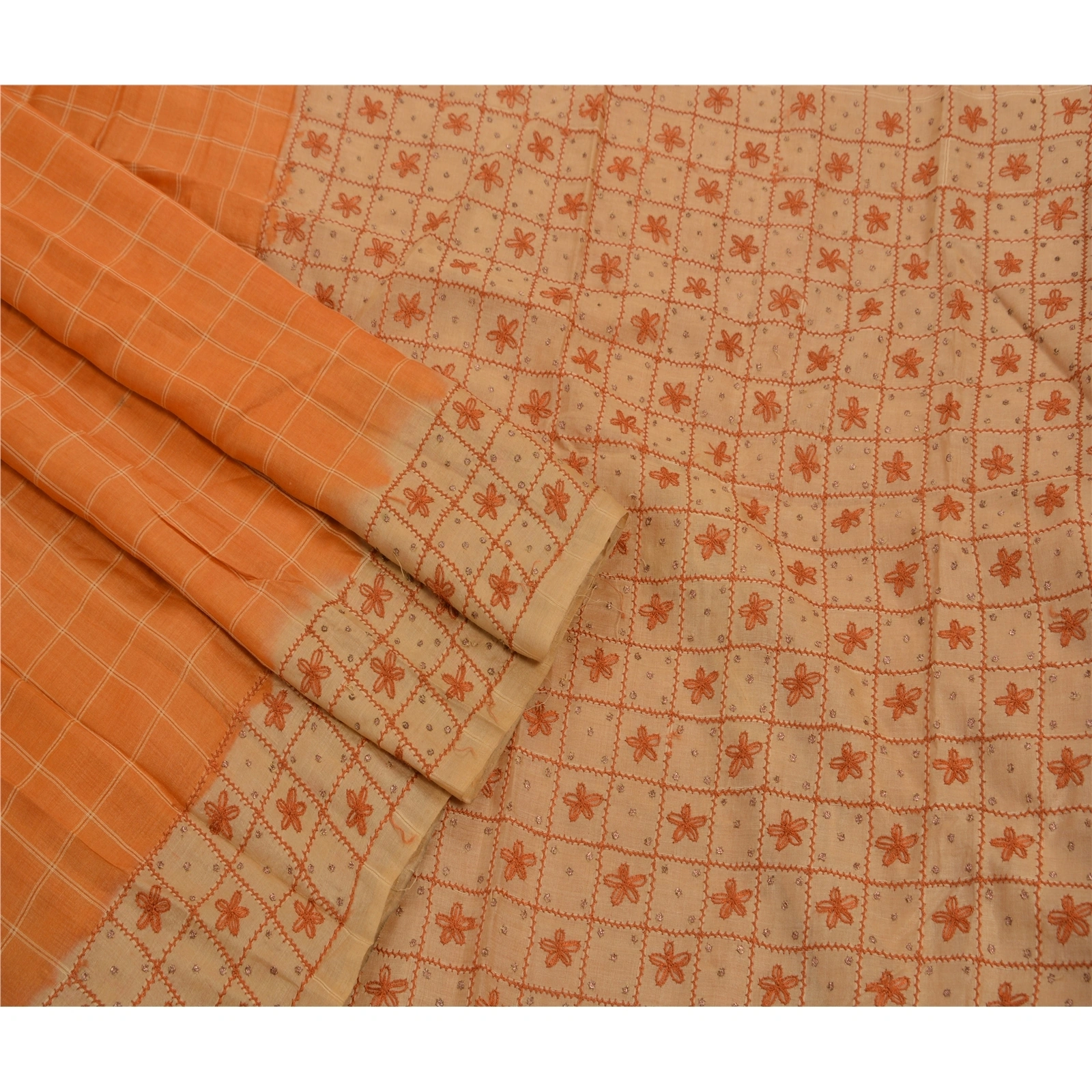 Sanskriti Vintage Indian Sarees Pure Silk Hand Embroidered 5Yd Peach Fabric Sari, PS-47183-Peach-Hand Embroidered With Thread Work-100% Pure Silk-6