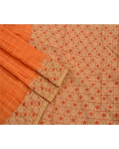 Sanskriti Vintage Indian Sarees Pure Silk Hand Embroidered 5Yd Peach Fabric Sari, PS-47183-Peach-Hand Embroidered With Thread Work-100% Pure Silk-6