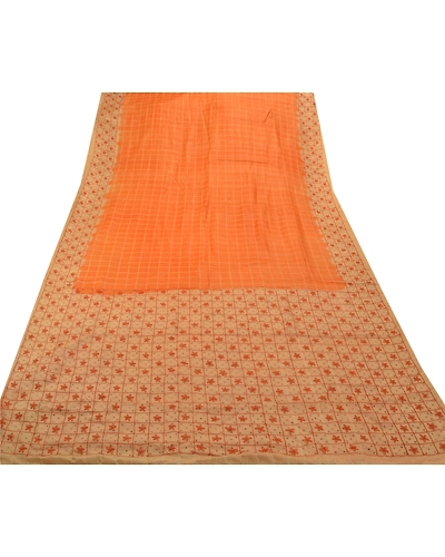 Sanskriti Vintage Indian Sarees Pure Silk Hand Embroidered 5Yd Peach Fabric Sari, PS-47183-Peach-Hand Embroidered With Thread Work-100% Pure Silk-7