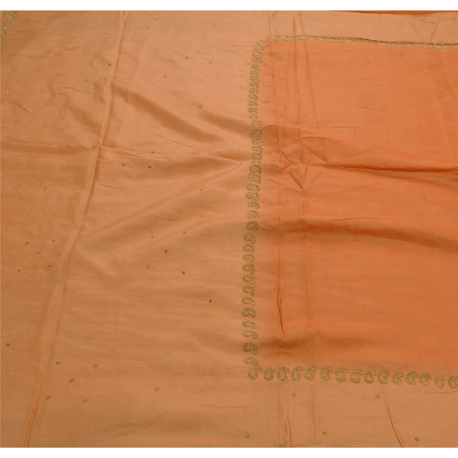 Sanskriti Vintage Indian Sarees Pure Silk Hand Embroidered Peach 5Yd Fabric Sari, PS-47211-Peach-Hand Embroidered With Zari Work-100% Pure Silk-1