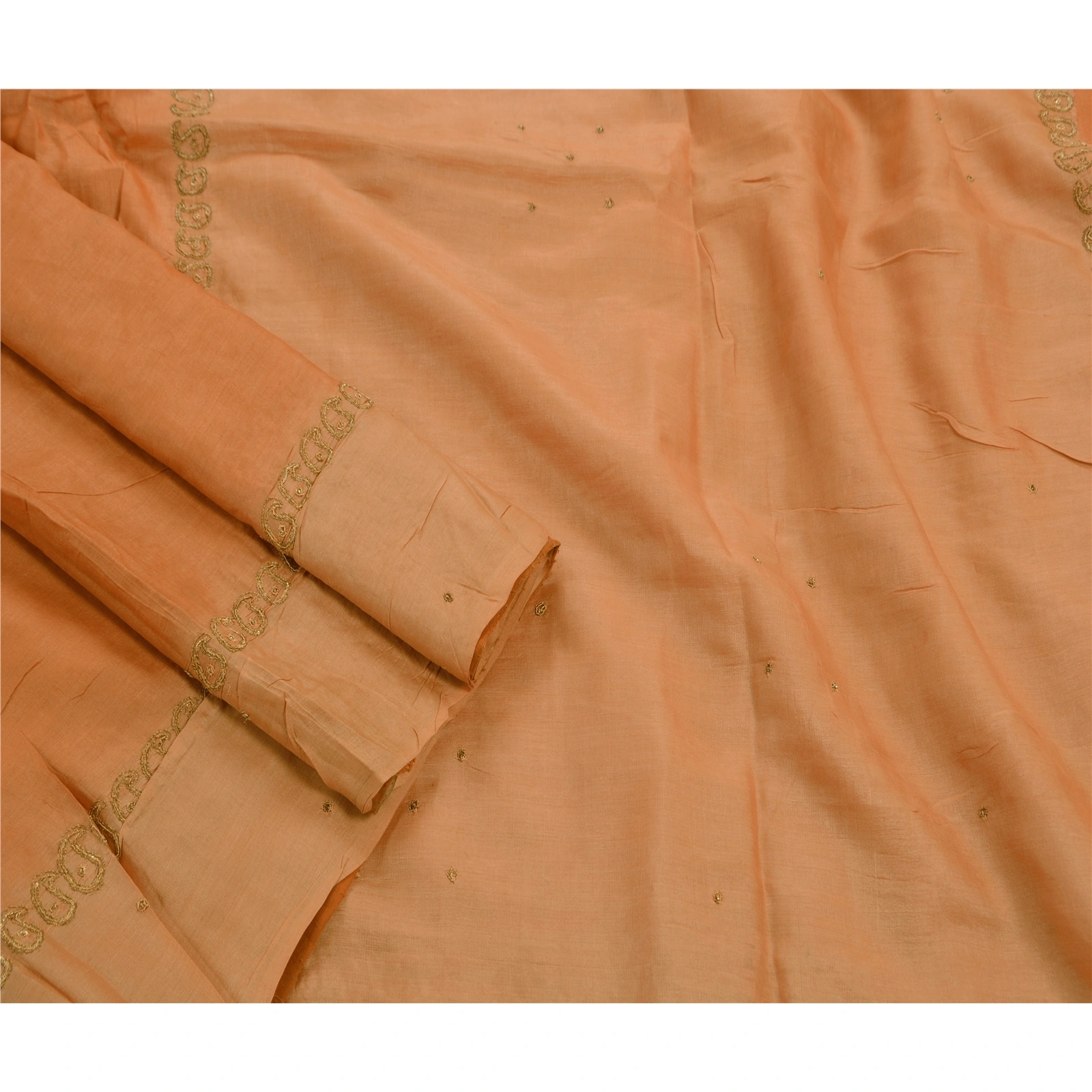 Sanskriti Vintage Indian Sarees Pure Silk Hand Embroidered Peach 5Yd Fabric Sari, PS-47211-Peach-Hand Embroidered With Zari Work-100% Pure Silk-2