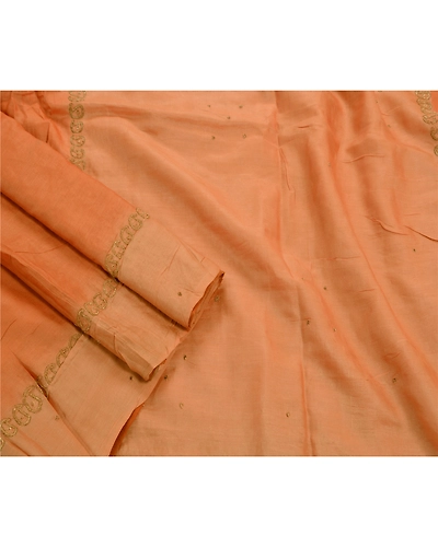 Sanskriti Vintage Indian Sarees Pure Silk Hand Embroidered Peach 5Yd Fabric Sari, PS-47211-Peach-Hand Embroidered With Zari Work-100% Pure Silk-2