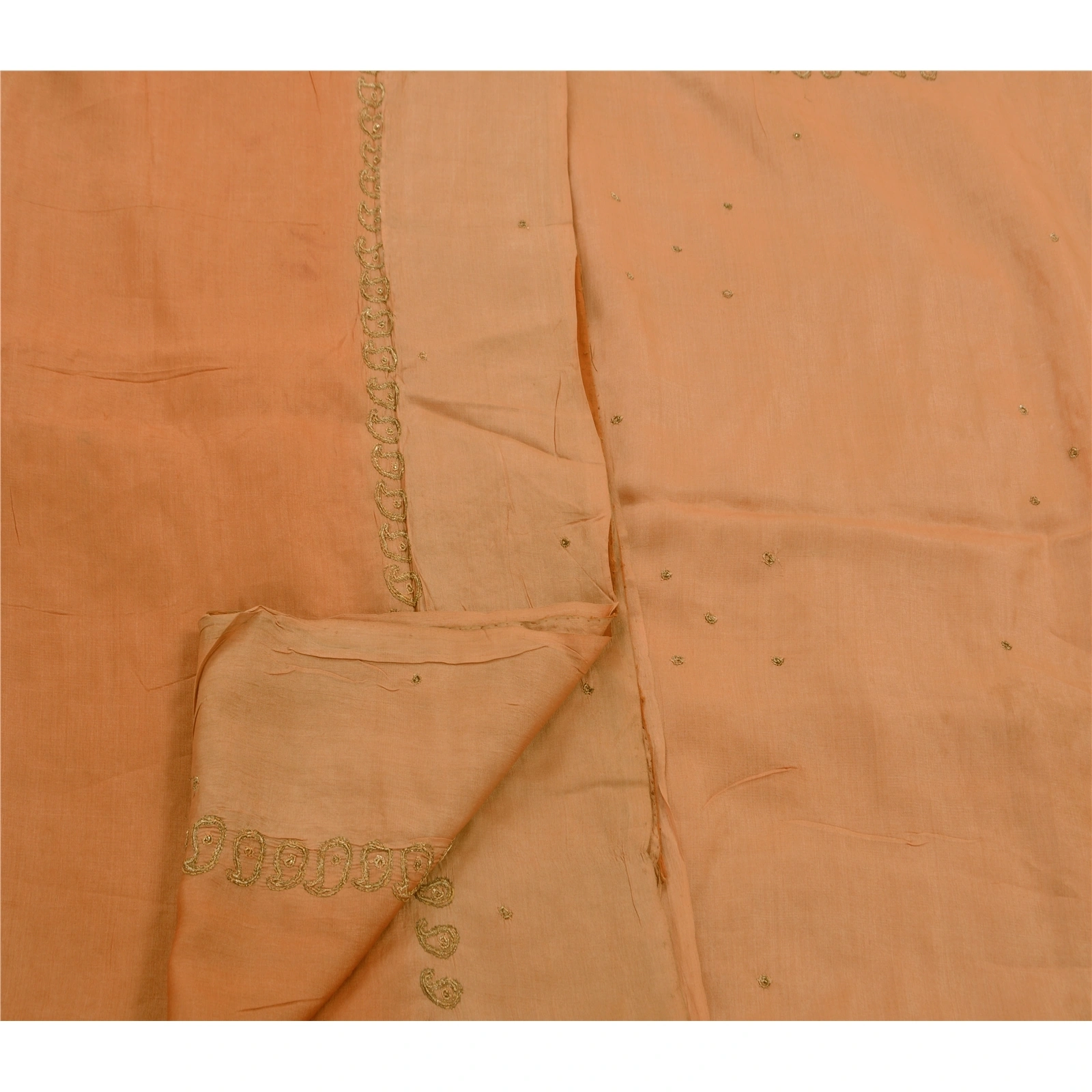 Sanskriti Vintage Indian Sarees Pure Silk Hand Embroidered Peach 5Yd Fabric Sari, PS-47211-Peach-Hand Embroidered With Zari Work-100% Pure Silk-3