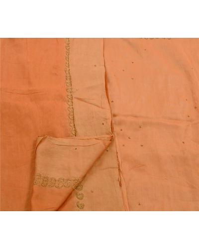 Sanskriti Vintage Indian Sarees Pure Silk Hand Embroidered Peach 5Yd Fabric Sari, PS-47211-Peach-Hand Embroidered With Zari Work-100% Pure Silk-3