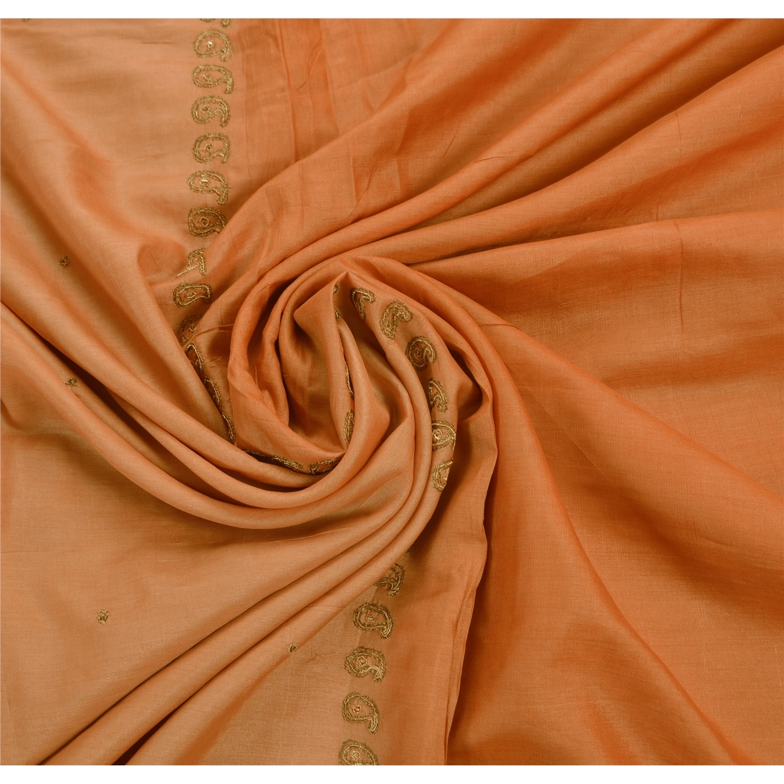 Sanskriti Vintage Indian Sarees Pure Silk Hand Embroidered Peach 5Yd Fabric Sari, PS-47211-Peach-Hand Embroidered With Zari Work-100% Pure Silk-5