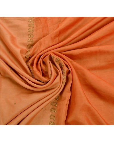 Sanskriti Vintage Indian Sarees Pure Silk Hand Embroidered Peach 5Yd Fabric Sari, PS-47211-Peach-Hand Embroidered With Zari Work-100% Pure Silk-5