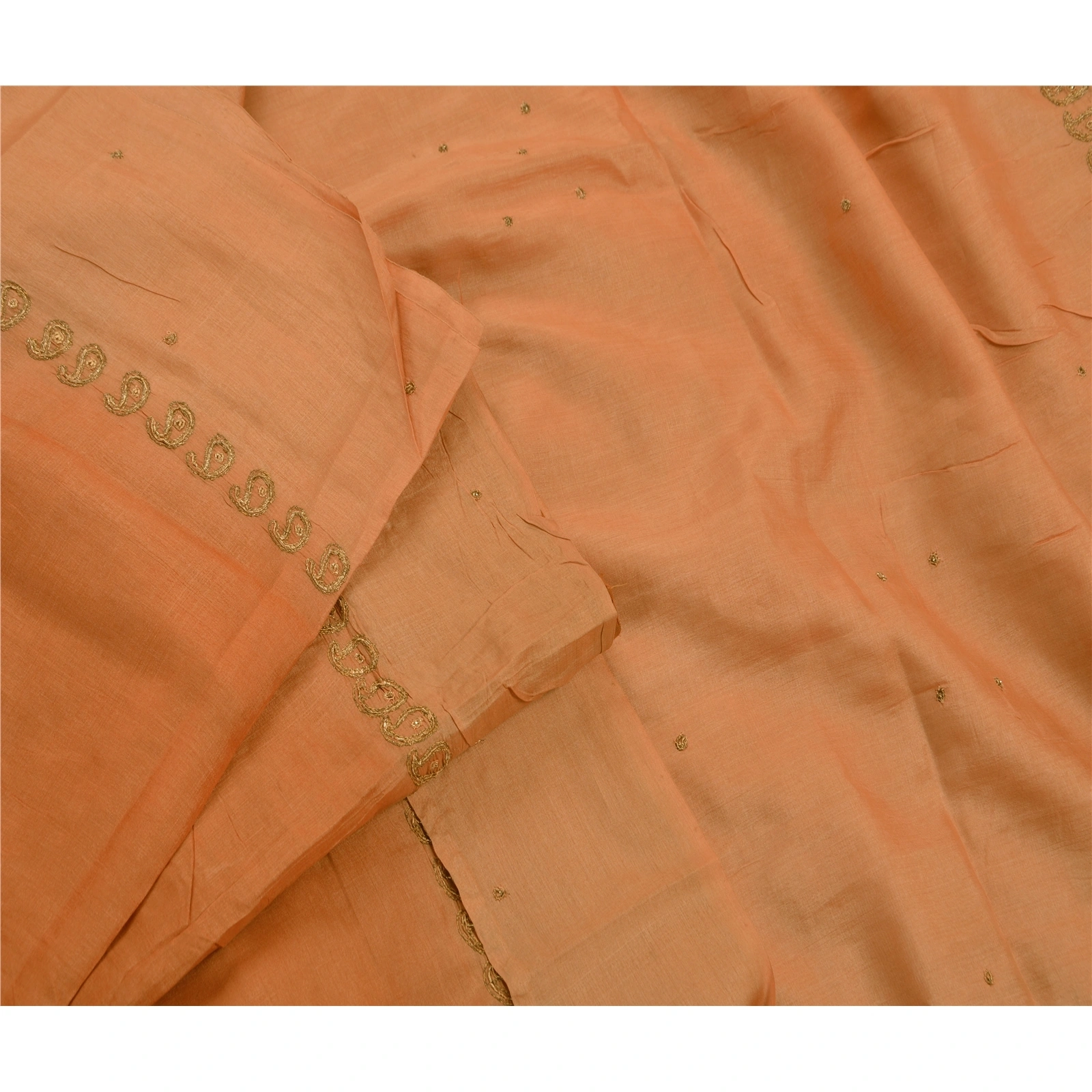 Sanskriti Vintage Indian Sarees Pure Silk Hand Embroidered Peach 5Yd Fabric Sari, PS-47211-Peach-Hand Embroidered With Zari Work-100% Pure Silk-6