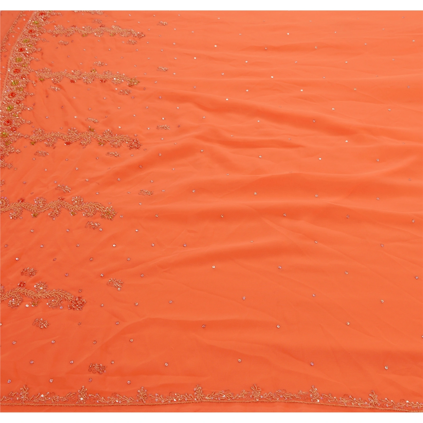 Sanskriti Vintage Indian Sarees Georgette Hand Beaded Peach Fabric Cultural Sari, PS-47238-Peach-Hand Beaded With Zari Work &amp; Sequins-Georgette-1