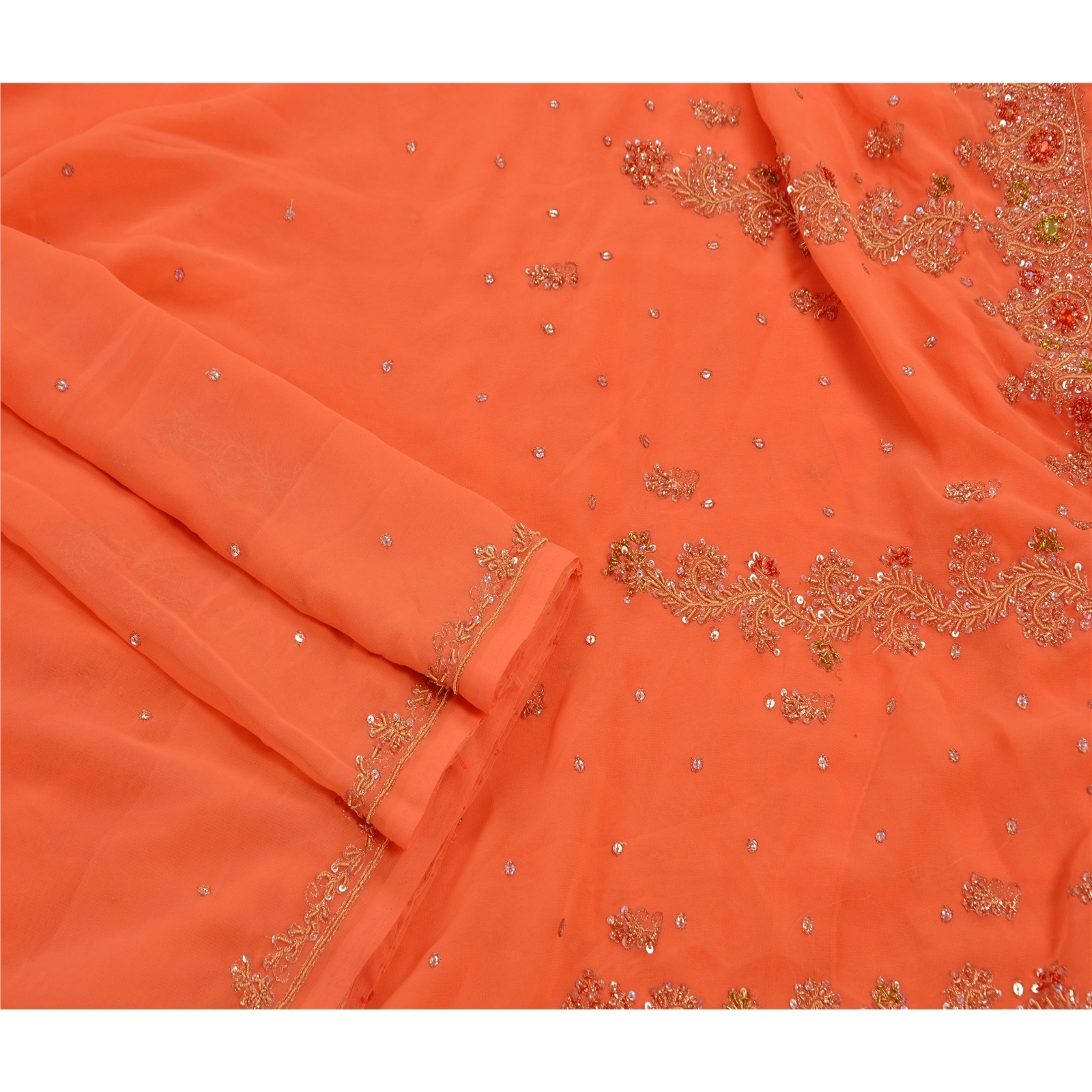 Sanskriti Vintage Indian Sarees Georgette Hand Beaded Peach Fabric Cultural Sari, PS-47238-Peach-Hand Beaded With Zari Work &amp; Sequins-Georgette-2