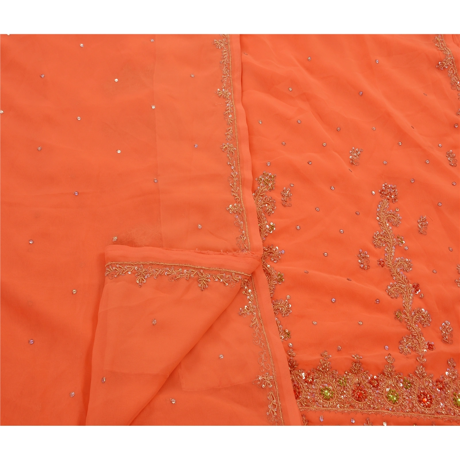 Sanskriti Vintage Indian Sarees Georgette Hand Beaded Peach Fabric Cultural Sari, PS-47238-Peach-Hand Beaded With Zari Work &amp; Sequins-Georgette-3